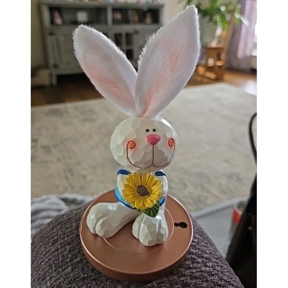 Whimsical Wood Look Bunny Rabbit Figurine with Sunflower and Fuzzy Ears Decor